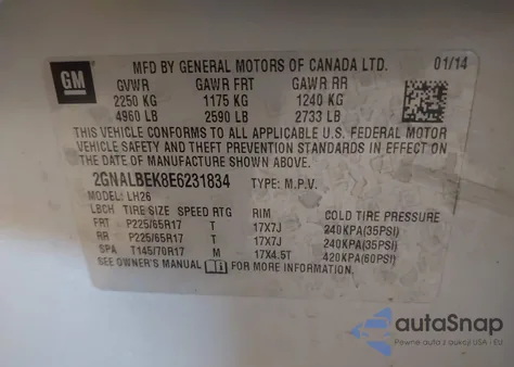 2014 Chevrolet Equinox 1Lt z USA, uszkodzony, nr VIN 2GNALBEK8E6231834